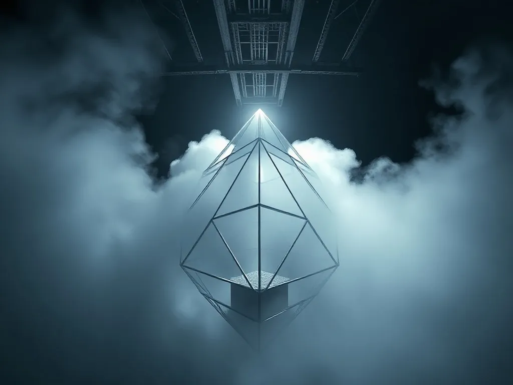 Abstract geometric structure emerging from digital fog, arch