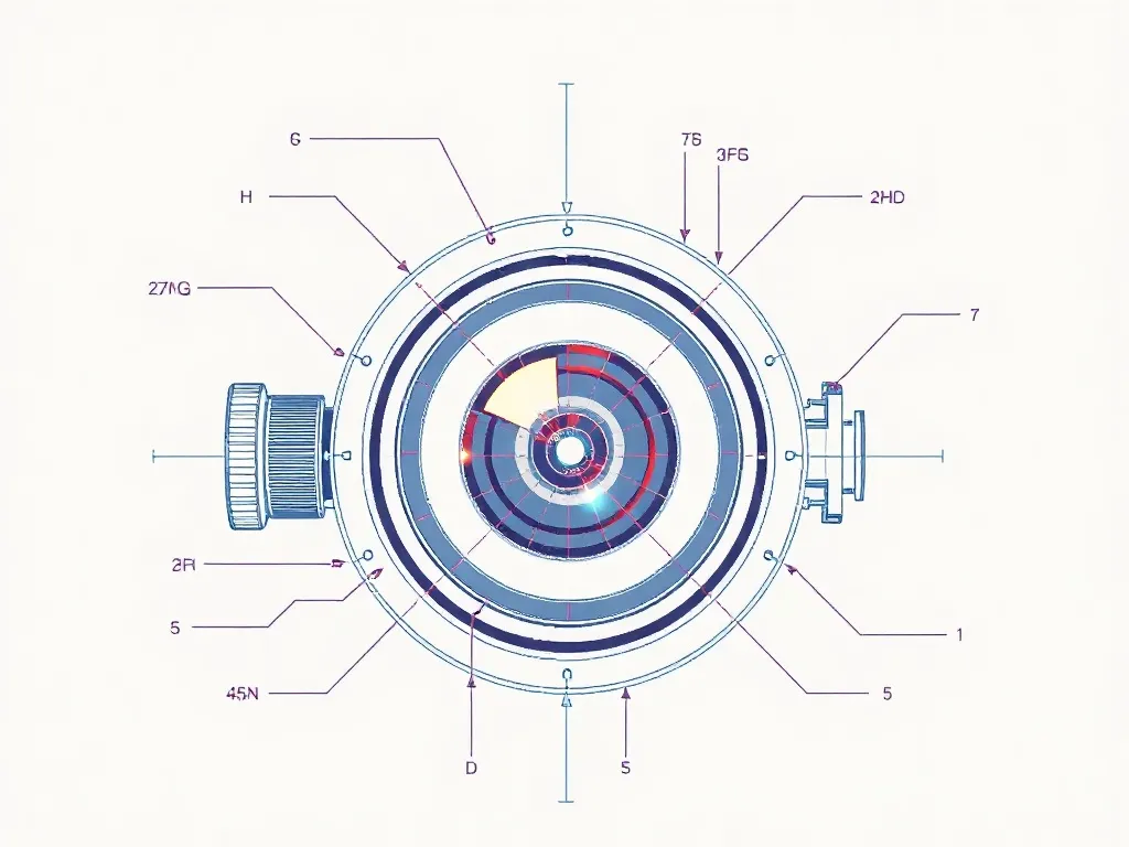 Detailed technical blueprint of a camera lens system with li